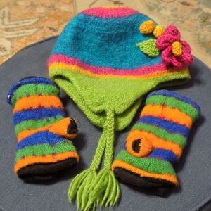 PERUVIAN CHULLO Winter Knit COLORS STRIPED HAT W/EAR FLAPS/hand warmersFOR Child